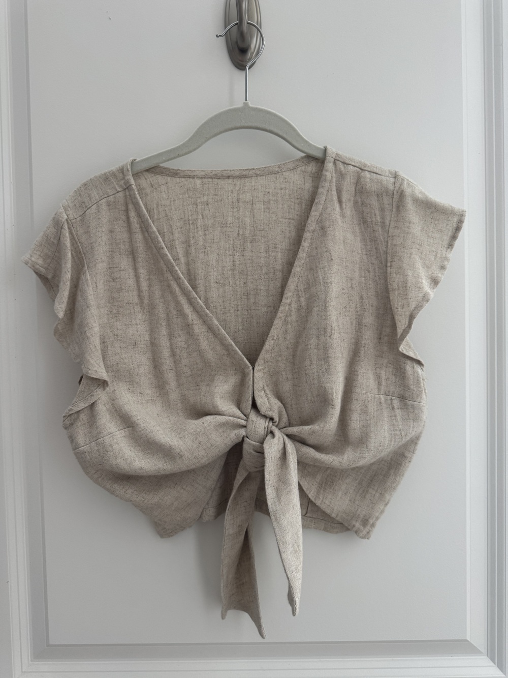 Abercrombie & Fitch Oatmeal Linen Tie-Front Crop Top